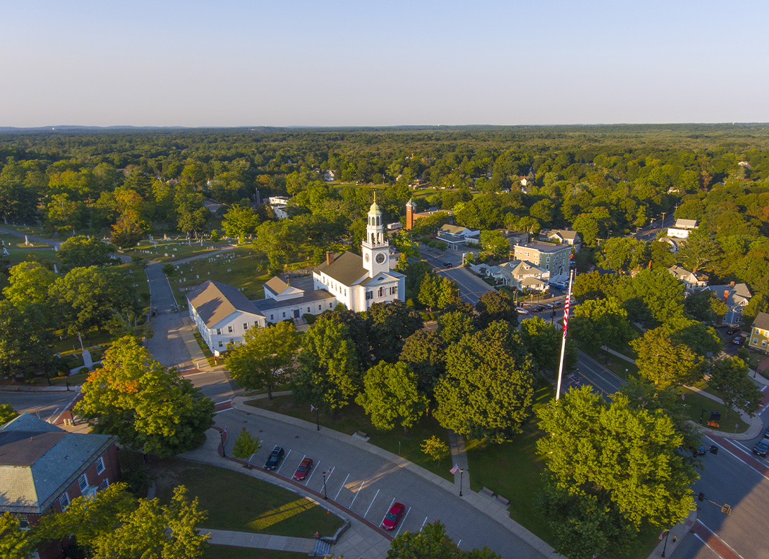 Reading, MA Insurance - Old South United Methodist Church Aerial View at Sunset in Historic Town Center, Reading, Massachusetts